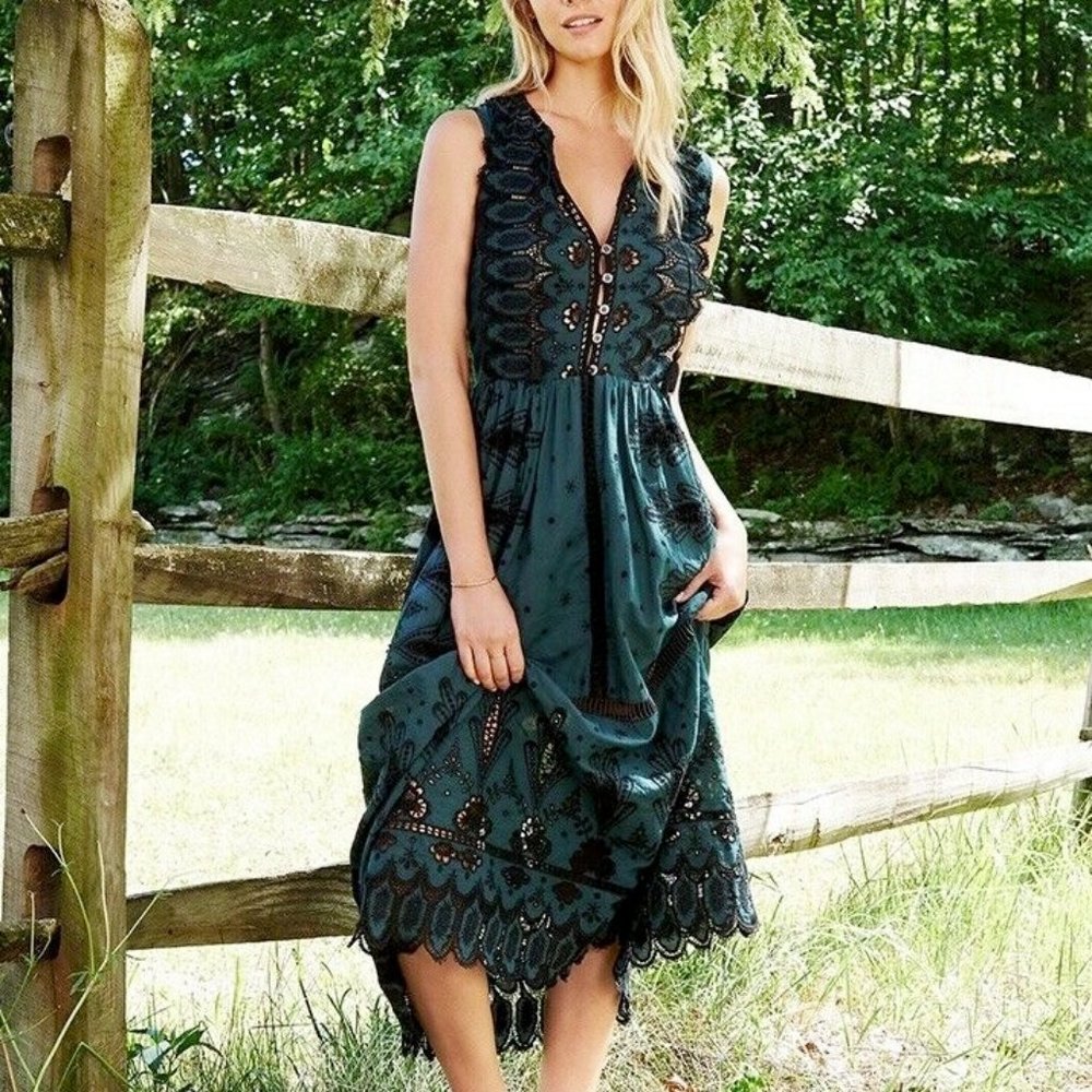 SEA New York Green & Black Eyelet Sleeveless Midi Dress
